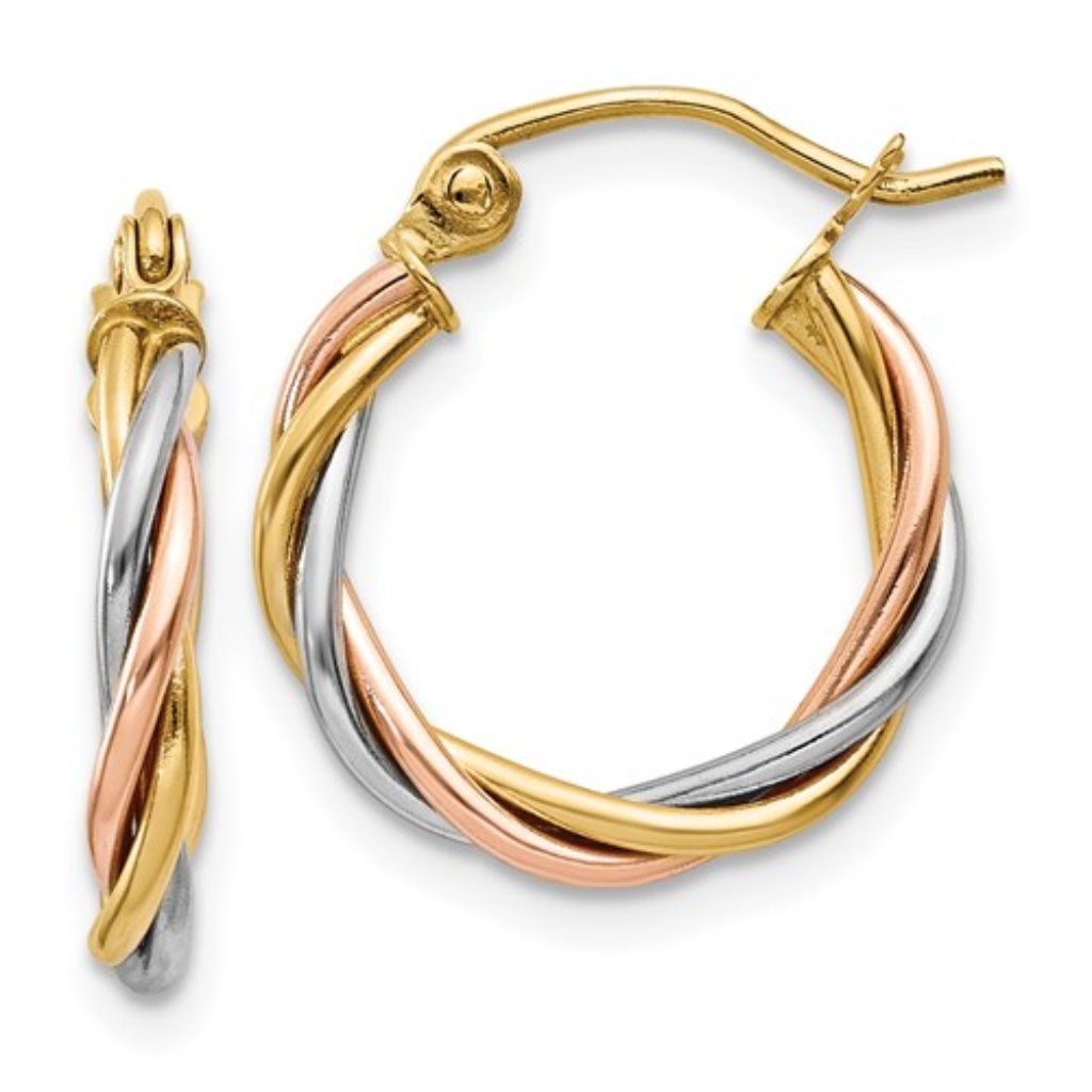14k Tri-Color Yellow, White And Rose Gold Twisted Hoop Earrings 14mm X 8mm